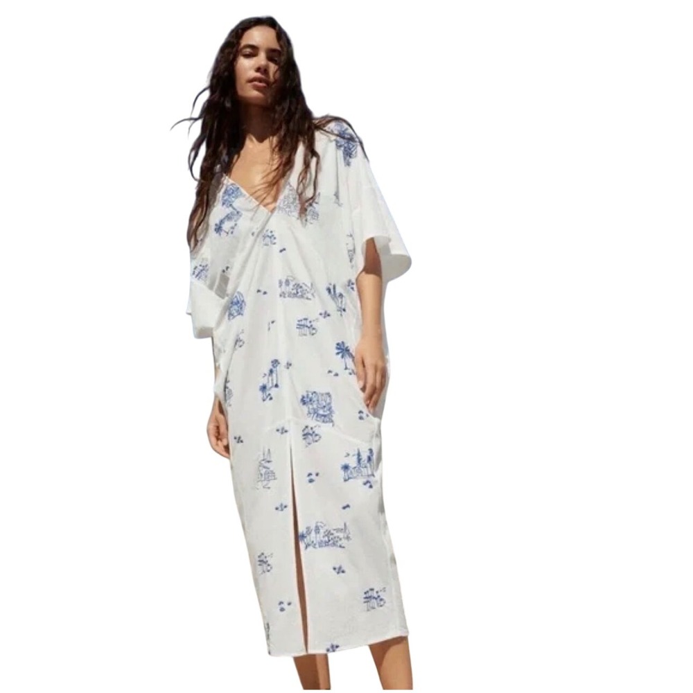 Zara white kaftan tunic maxi dress blue embroidery Mediterranean coastal M large